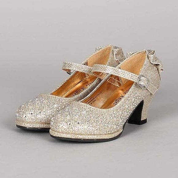 Toddler/Little/Big Girl Glitter Rhinestone Bow Mary Jane Kitten Heel Pump -RGold - Picture 4 of 6